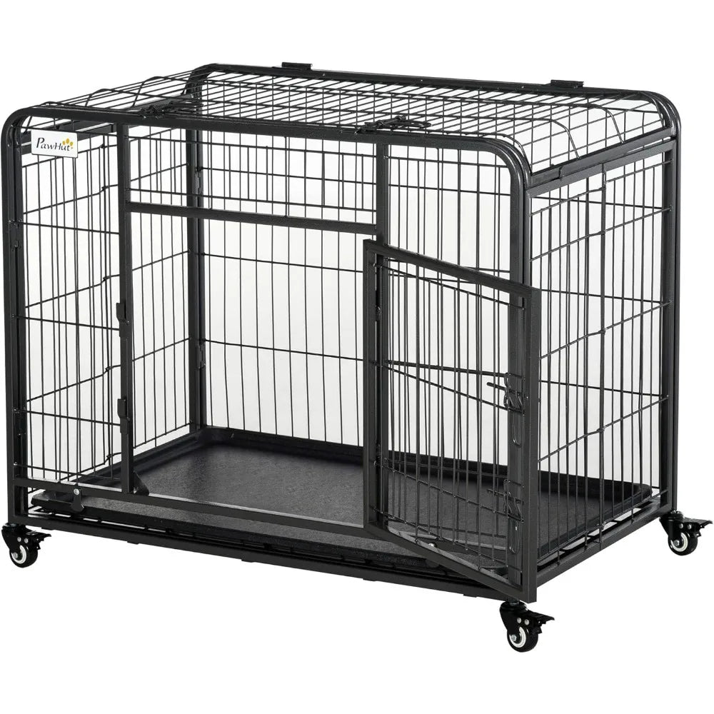 Duty Metal Dog Kennel with Removable Tray and Cover, & 4 Locking Wheels, Indoor/Outdoor 37"