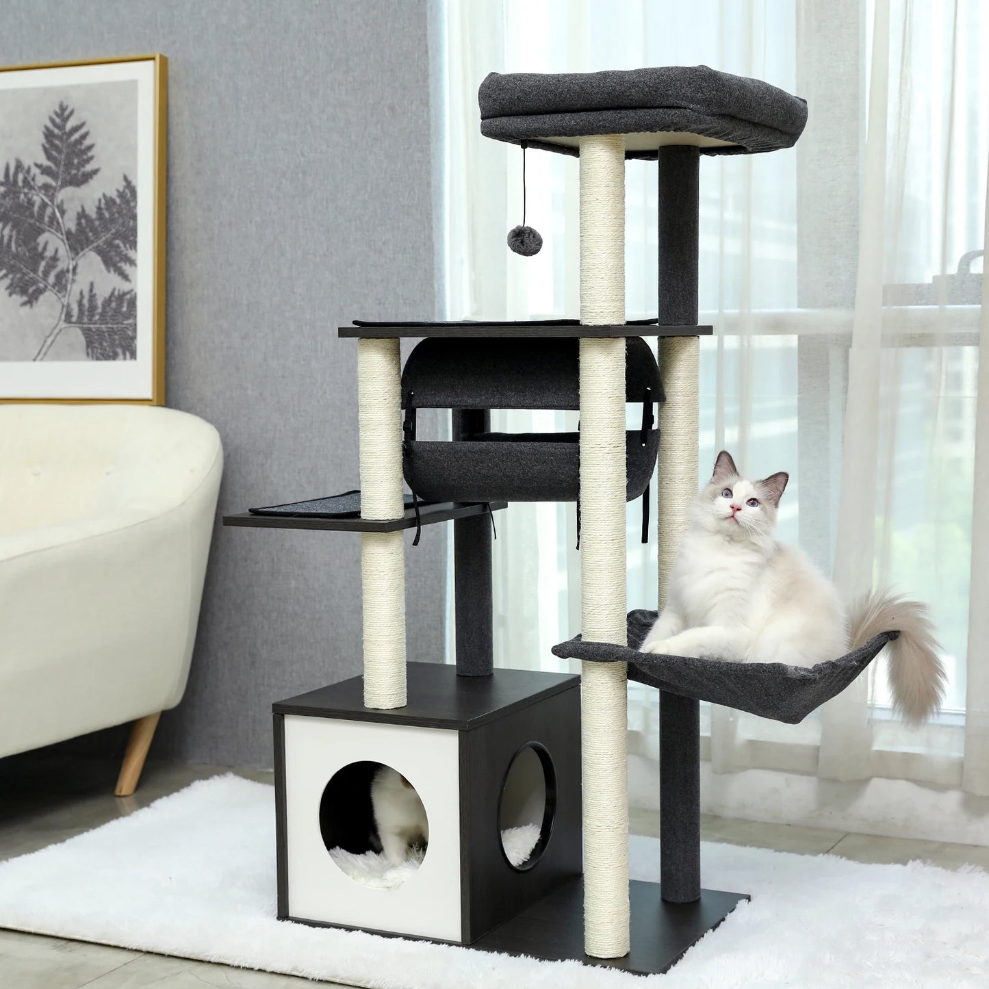 Height 130.5CM Cat Tree Condo Multi-Level Platform Tower Scratching Post Perches Tunnel Hummock Bed