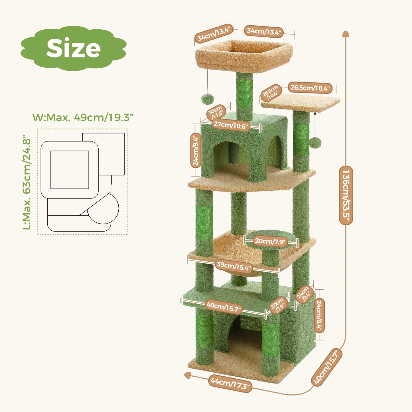 184/136cm Large Cat Tree Tower for Indoor Cats With Sisal-Covered Scratching Posts Spacious Hammock Perches and Condos Green