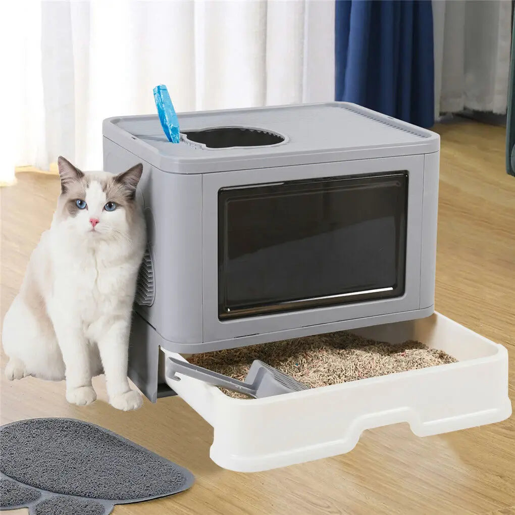 Foldable , Enclosed Cat Litter Box Front Entry & Top Exit Toilet Boxes