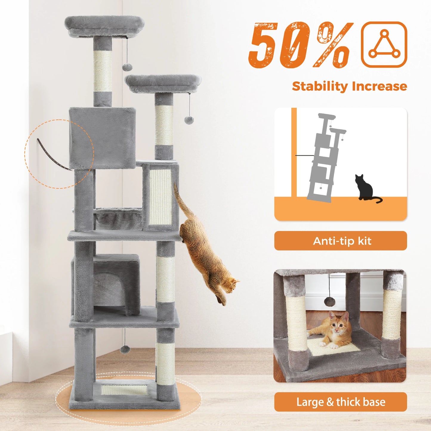 Multi-Level Cat Tree with Scratching Posts, Cozy Condo, Hammock, Cat Tower for