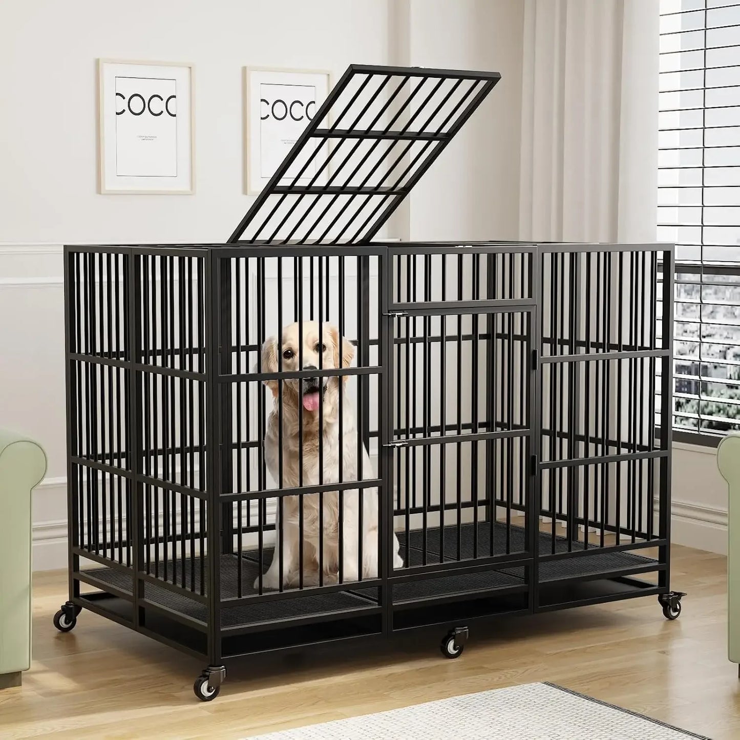 63 Inch Large Heavy Duty Dog Crate with Lockable Wheels Removable Tray, Large Dog Kennel for Large Dog Indoor Outdoor, Black