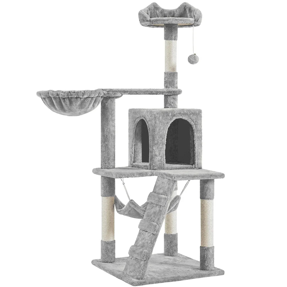54" Cat Tree with Hammock, Basket and Scratching Post Tower,