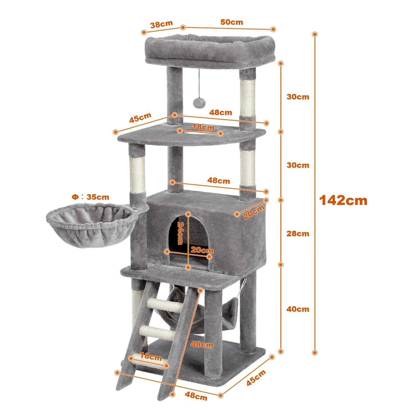 Cat Tree Towel Scratching Multi-Level Pet Climbing Tree with Hammock Bed Cat Ladder Extra Large Perch