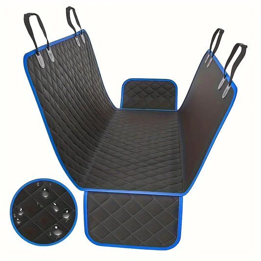 A black pet car mat with gray edging, 100% waterproof and stain resistant, easy to maintain, machine washable