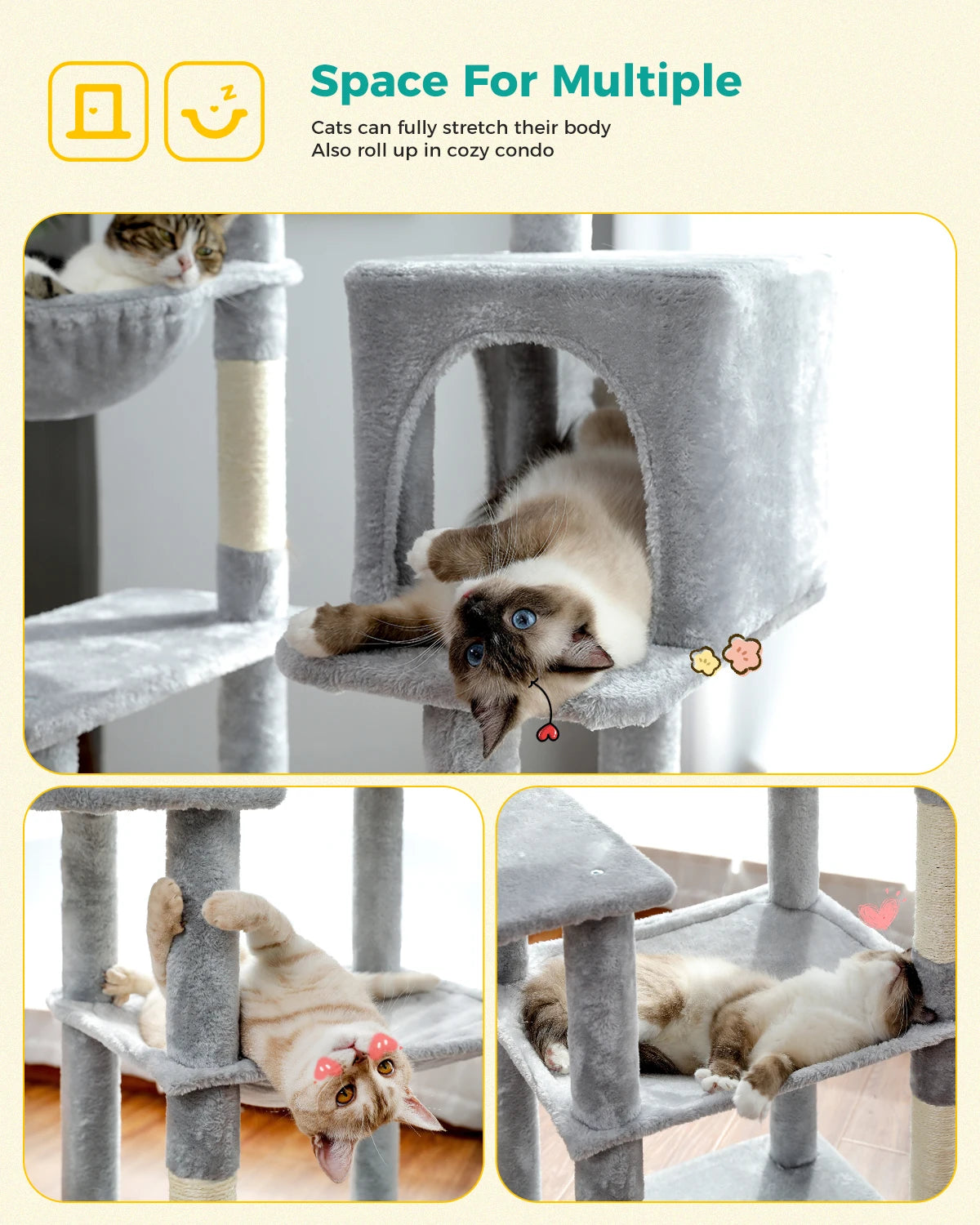 Cat Tree Plush Cat Tower Multilevel Cat Play House with Sisal Scratching Posts, Spacious Hammock and Large Condos Upgrade