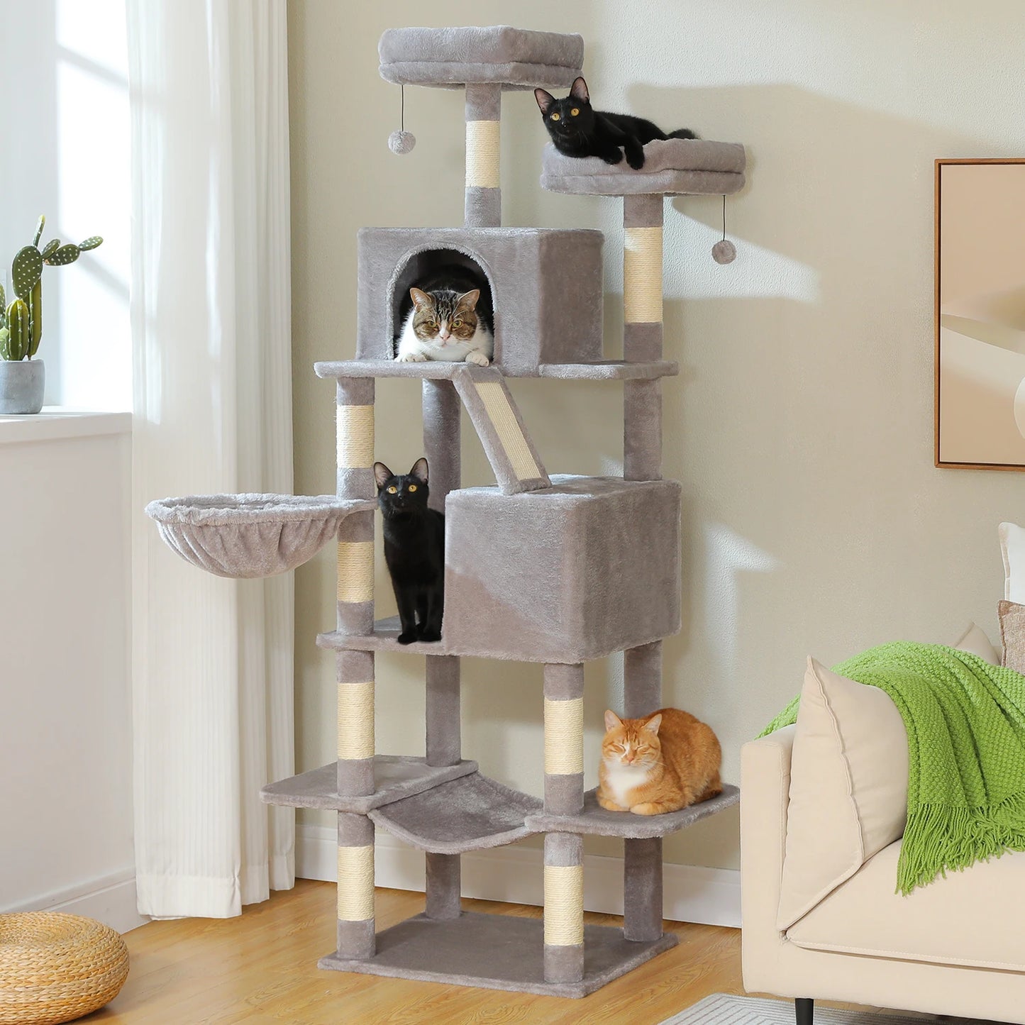 Tall Cat Tree with Large Cat Condo  Scratching Post Cozy Hammock  Tower