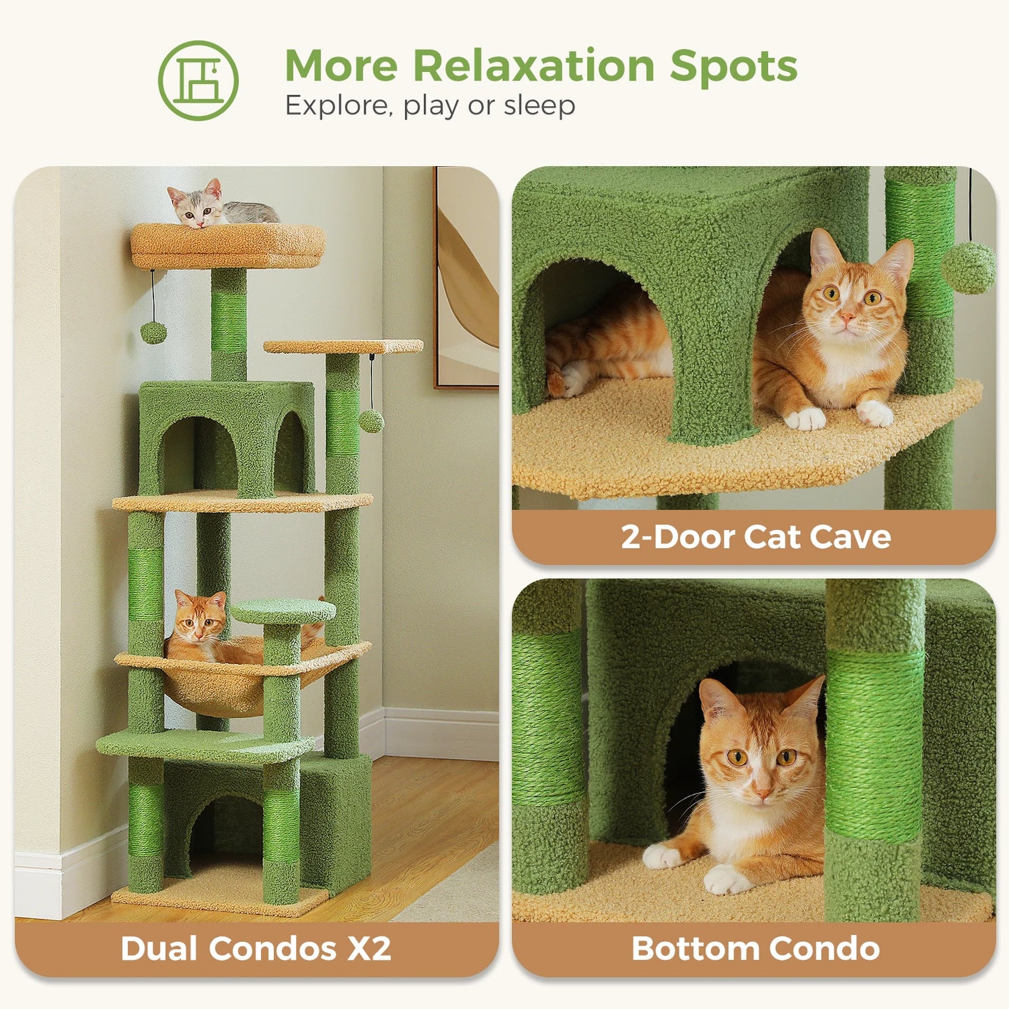 184/136cm Large Cat Tree Tower for Indoor Cats With Sisal-Covered Scratching Posts Spacious Hammock Perches and Condos Green