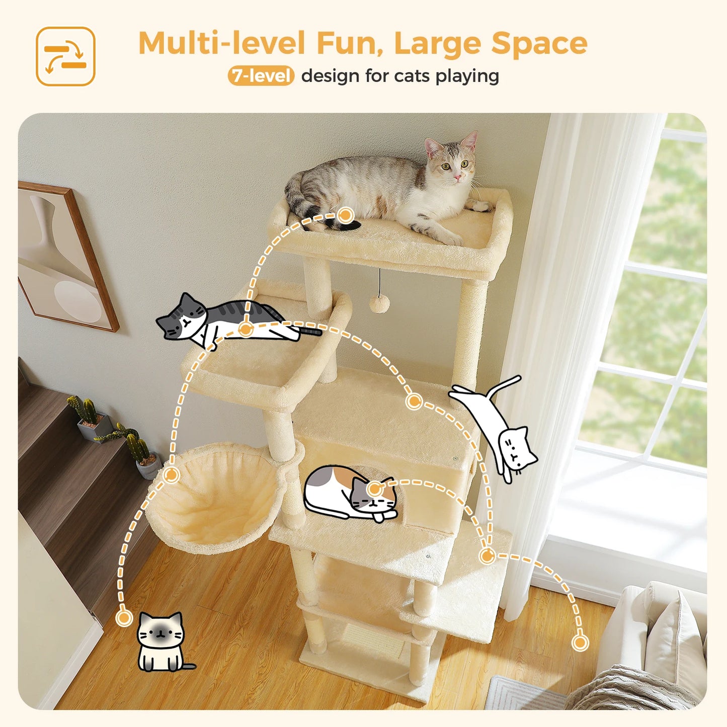 Multi-Level Cat Tree with Scratching Posts Spacious Hammock Plush Cat Tower Large Cat Condo for Indoor Cat Accessories Cat Toys