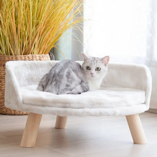 Luxury Soft Cat Bed Warm Plush Fabric Pet Nesting Chair Bed Washable Couch Wood Legs with Cushion Pad