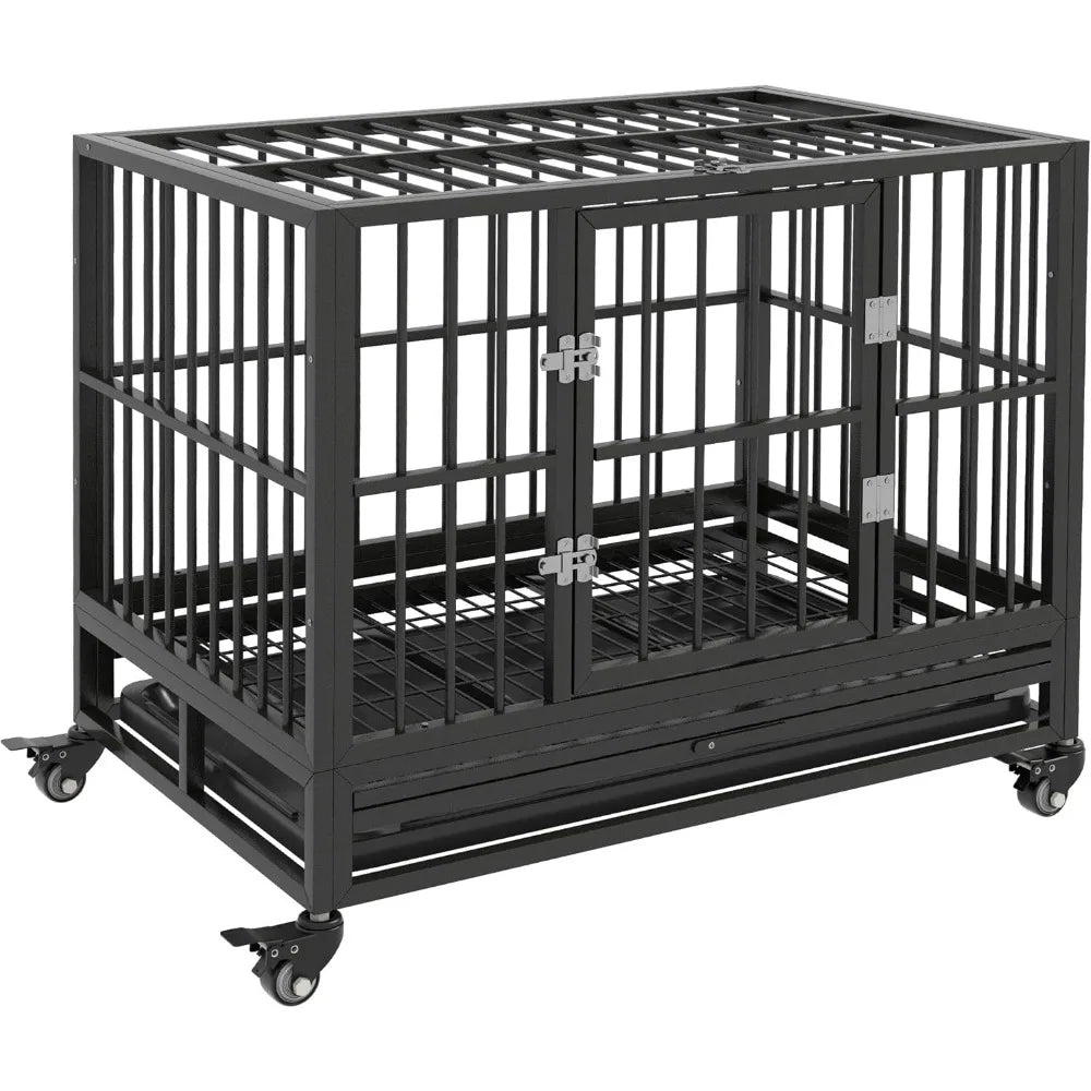 Dog Crate Metal Kennel with Lockable Wheels, Double Door Removable Tray
