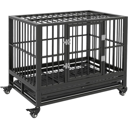 Dog Crate Metal Kennel with Lockable Wheels, Double Door Removable Tray